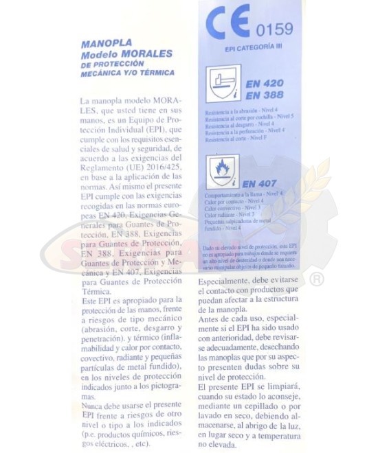 MANOPLA PROTECCION TERMICA O MECANICA MORALES S-88 GUANTES TERMICOS PARA HORNOS DE PANADERIA Y PASTELERIA