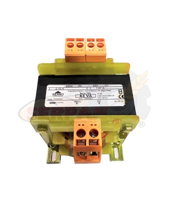 TRANSFORMADOR 63VA ENTRADA 380VAC SALIDA 24V-230VAC RENNO A9906821