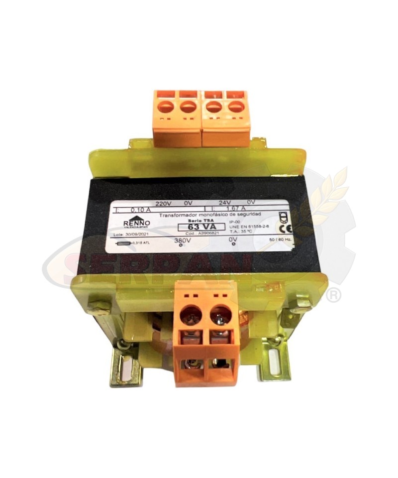 TRANSFORMADOR 63VA ENTRADA 380VAC SALIDA 24V-230VAC RENNO A9906821